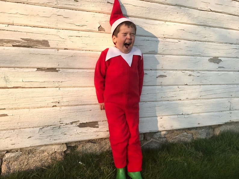 Classic Elf costume Kids Halloween costume Christmas Costume Red Elf jumpsuit and hat boys or girls image 1