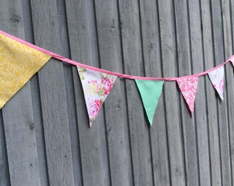 Floral Bunting Flags peach, pink, mint, mustard Fabrics Romantic sweet peony party pennants