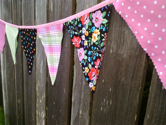 Fabric Bunting Flags Pink, Black, Lime Pennant Banner size large Dots Floral Plaid Il_570xn