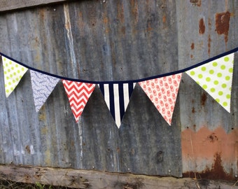 Bunting Flags Nautical Red, Lime, Navy and Ivory Fabrics Large size for Birthday Party, Nursery, Photo Prop