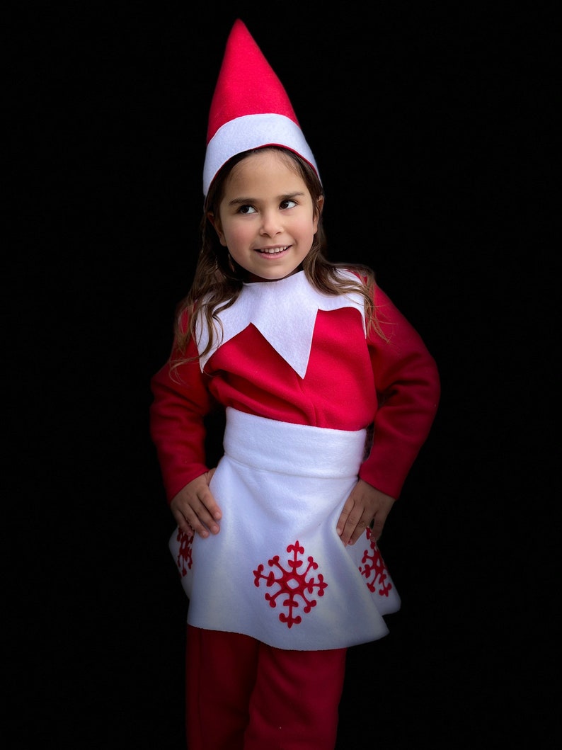 Klassischer Elfenrock Kinder Weihnachtsoutfit Halloween Kostüm Roter Elfenoverall und Hut Jungen oder Mädchen mit Rock Bild 6