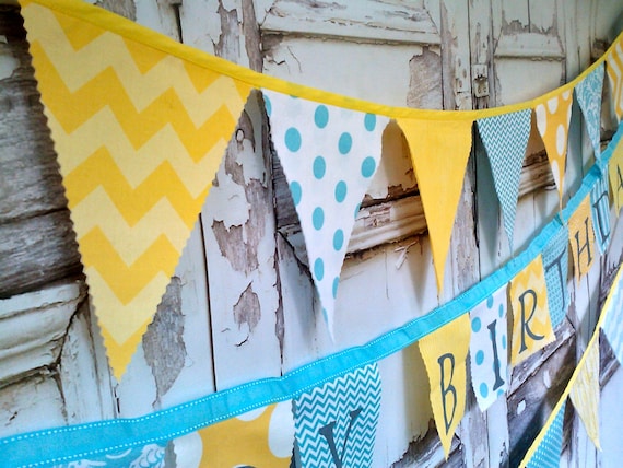Fabric Bunting Party Banner Flags Birthday Banner Decor Yellow Aqua White Chevron Dots Modern Fabric Party Decoration Pennant Flag Garland Il_570xn