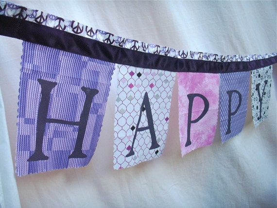 Birthday Banner Party Decoration Peace Bunting in Purple, Platinum and grey fabrics Happy Birthday Decoration Party Banner Il_570xn