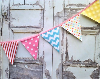 Fabric Bunting Flags, Party Pennant Banner, Buntings Banner Carnival Flags, Circus Pink Red Aqua Yellow Baby Birthday Decor