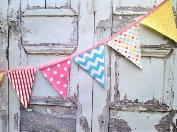 Fabric Bunting Flags, Party Pennant Banner, Buntings Banner Carnival Flags, Circus Pink Red Aqua Yellow Baby Birthday Decor Il_570xn