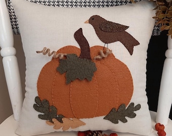 AUTUMN JOY ~ Pumpkin and Bird Pillow, Handmade Fall Throw Cushion, 3D Tendrils, Oak Leaves, Unique Design