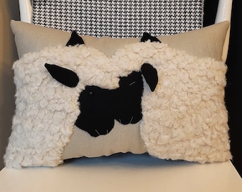 Love Ewe Sheep Pillow Wooly, Heartwarming, Hand Made, Unique Design, Gift, Two Sheep Stitched on Linen