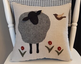 Primitive Sheep/ Lamb, Bird and Flowers Wool Applique Pillow, Hand Made, Unique, Stitched on Linen, Cheerful Design