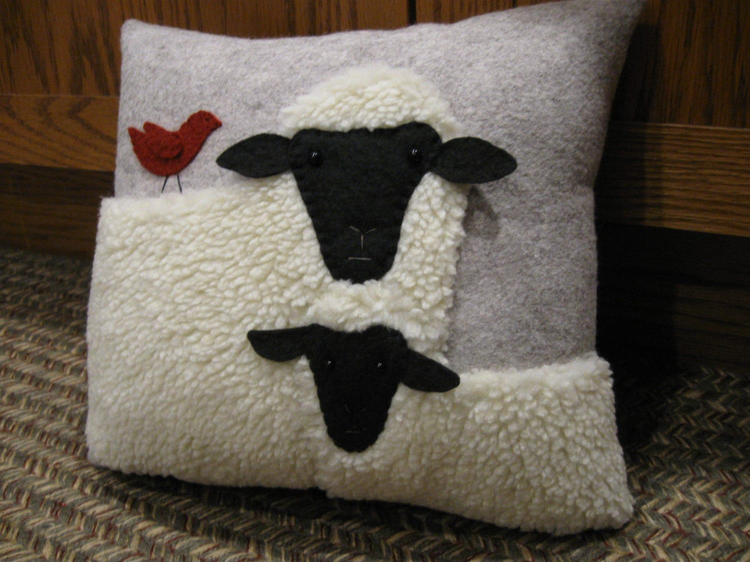 Sweet Lamb and Sheep Pillow Wool Applique Handmade Primtive Etsy