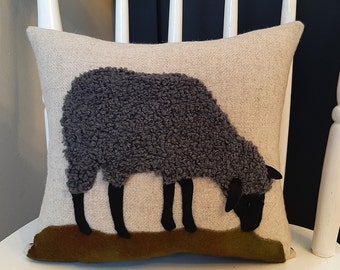 Grazing Black Lamb Pillow, Hand Made, Realistic, Ewe, Sheep Cushion, Textured and Hand Dyed Wool & Sherpa