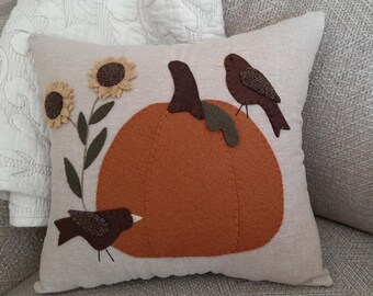 HARVEST TIME PILLOW ~  Handmade Pumpkin, Birds, Sunflowers,  Autumn Fall Wool Applique Pillow, Hand Stitched Throw Cushion