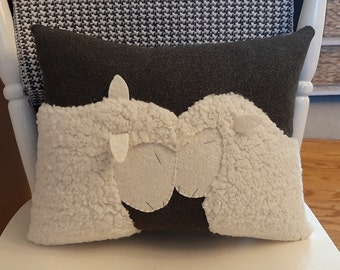 Wooly Sheep Pillow....."I Love Ewe" Heartwarming Hand Made, Lamb Cushion, Farmhouse Decor, Two Sheep, Handmade Throw Pillow