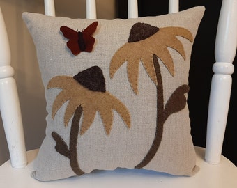 Primitive Hand Dyed Wool Pillow, Brown Eyed Susan Flowers Butterfly Cushion, Hand Made on Rustic Linen