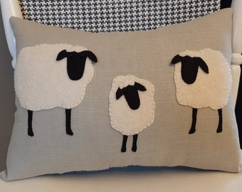 Three Sheep Family Pillow, Hand Made, Lamb, Ewe Throw Cushion on Linen, Sheep Farm, Whimsical Gift, Folk Art