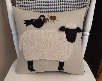 AUTUMN EWE ~ Sheep Pillow,  Fall Decor, Black Crow and Sunflower, Handmade Throw Cushion