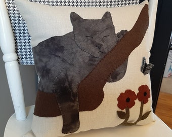 Gray Kitty Cat Pillow, Handmade, Realistic, Unique Gift, Throw Cushion, Hand Dyed Wool, Cat in Tree, Butterfly, Spring Summer Pillow