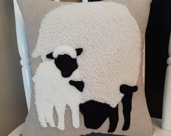 EWE AND ME ~ Touching Lamb and Sheep Pillow Wool Applique Handmade, Heartwarming, Farmhouse, Gift, Throw Cushion