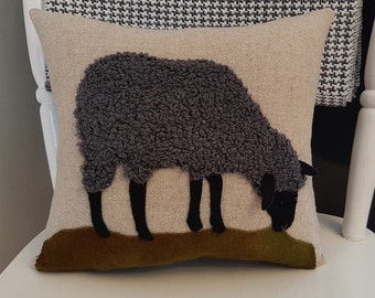 Grazing Black Lamb Pillow, Hand Made, Realistic, Ewe, Sheep Cushion, Textured and Hand Dyed Wool & Sherpa