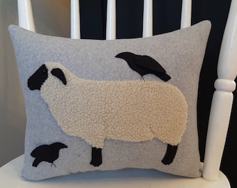 Woolly Sheep and Black Crows Pillow, Hand Made, Primitive, Unique, Realistic Lamb Throw Cushion, Wooly Ewe
