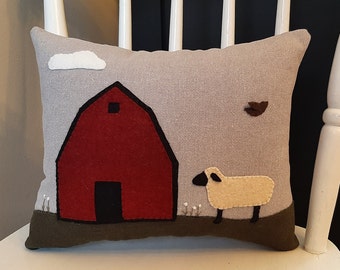 Sheep Farm Primitive Handmade Wool Applique Pillow, Barn and Lamb