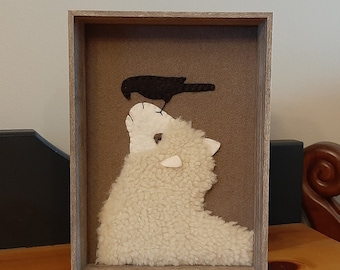 Sheep and Crow Framed Wool Applique, Handmade, Realistic, Woolly, Unique, Rustic Deep Picture Frame, Lamb, Ewe Decor, One of a Kind