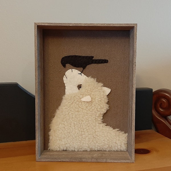 Sheep and Crow Framed Wool Applique, Handmade, Realistic, Woolly, Unique, Rustic Deep Picture Frame, Lamb, Ewe Decor, One of a Kind