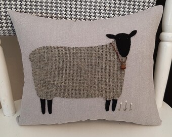 FOLK ART SHEEP ~ Pillow, Linen  and Wool, Hand Made, Primitive, Gift, Lamb, Small Cushion, Farmhouse Style, Finished Pillow