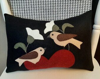 Birds and Flowers Wool Applique Pillow, Handmade,  Love Heart, Gift, Unique Design