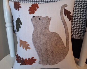 AUTUMN WONDER ~ Hand-Stitched Linen Cat Pillow, Autumn Falling Leaves Design, Grey Kitten Home Decor, Unique