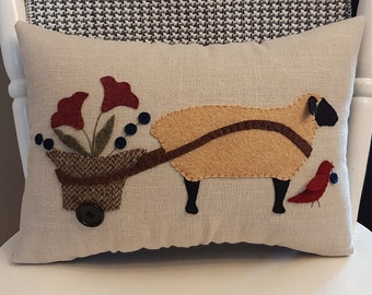 Sheep Pulling Flower Cart, Applique Pillow, Hand Made, Unique, Gift, Spring Summer Decor, Lamb Design, Linen Cushion