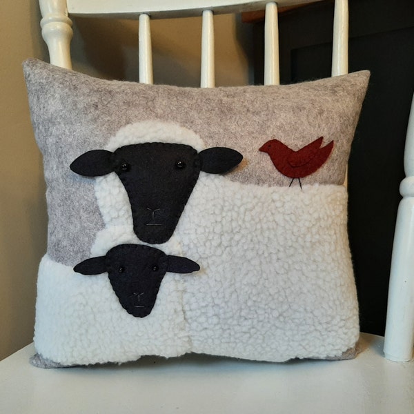 Sweet Lamb and Sheep Pillow, Wool Applique, Hand made, Primitive, Farmhouse, Gift