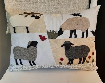 SHEEP LOVE PILLOW ~  Handmade Whimsical Crazy Quilt Style Wool Applique Throw Cushion, Lamb Decor, Unique