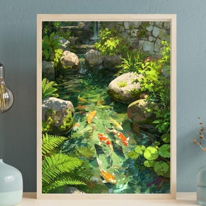 May include: A framed art print depicting a serene koi pond scene. The artwork features orange and white koi fish swimming in clear water, surrounded by lush green plants, rocks, and a small waterfall. The frame is a light wood color.