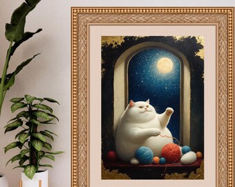 Vintage White Cat Art Print: Fluffy Cat with Yarn (Digital Download)