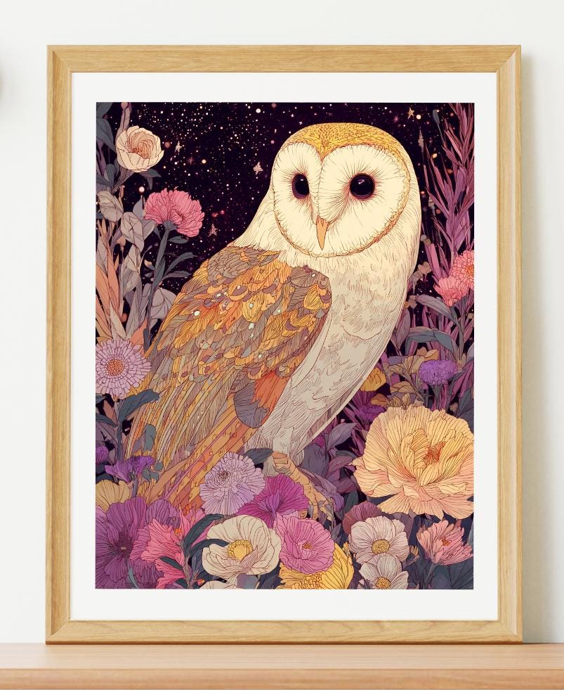 Barn Owl Garden Print: Colorful Living Room Wall Art (Digital Download)