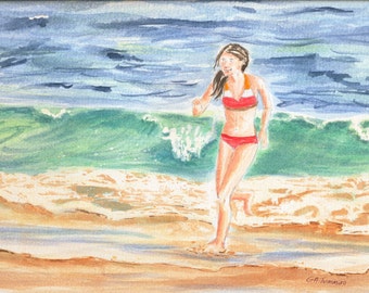 Running With the Waves Print – Beach Girl Watercolor – Coastal Giclée Wall Decor