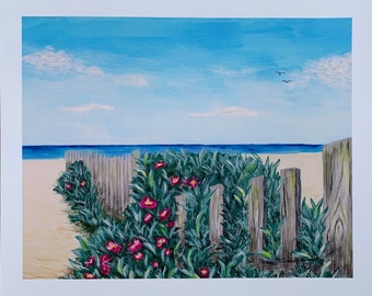 Cape Cod beach with fence and flowers by Grace Tummino