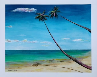 Tropical beach with calm ocean and palm trees fine art print by Grace Tummino