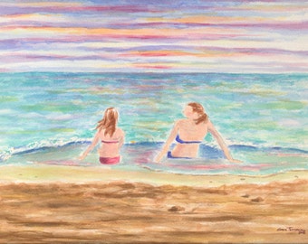 Beach sisters watercolor fine art print
