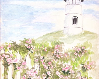 New England Lighthouse Print – Coastal Watercolor Art – Nautical Wall Decor