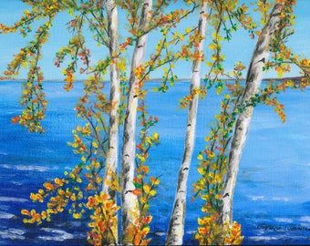 Birch Trees in the Fall with Ocean Fine Art Print