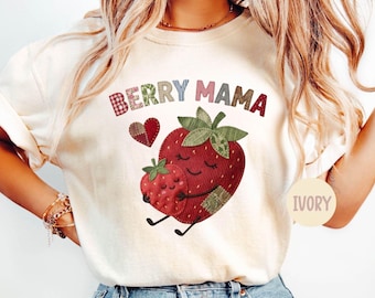 Comfort Colors Berry Mama Shirt, Strawberry Mama Faux Patchwork Shirt, Cute Mom Strawberry Tee, Coquette Mama T-Shirt, Mother’s Day Gift Tee