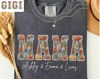Comfort Colors® Personalized Mama Shirt With Kids Names Faux Embroidery Effect Mimi Gift For Mothers Day Custom Mom Gift,Not Real Embroidery