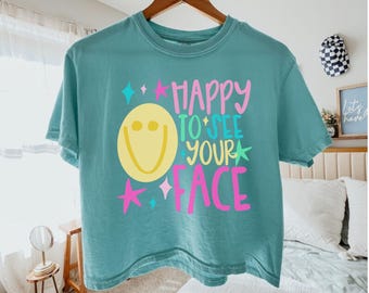 Comfort Colors Happy To See Your Face Boxy Tee,Preppy Teacher Tee,First Day of School Crop Top,Back to School Stars Tee,Daycare Teacher Gift