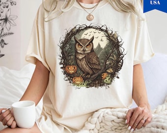 Comfort Colors® Owl Halloween Shirt, Spooky Pumpkin Owl Tee, Vintage Owl T-Shirt, Fall Graphic Tee, Halloween Comfort Colors Top