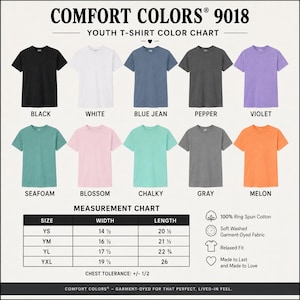 May include: A Comfort Colors 9018 youth t-shirt color chart displaying ten short-sleeve shirts in black, white, blue jean, pepper, violet, seafoam, blossom, chalky, gray, and melon. Includes a measurement chart with width and length in inches.