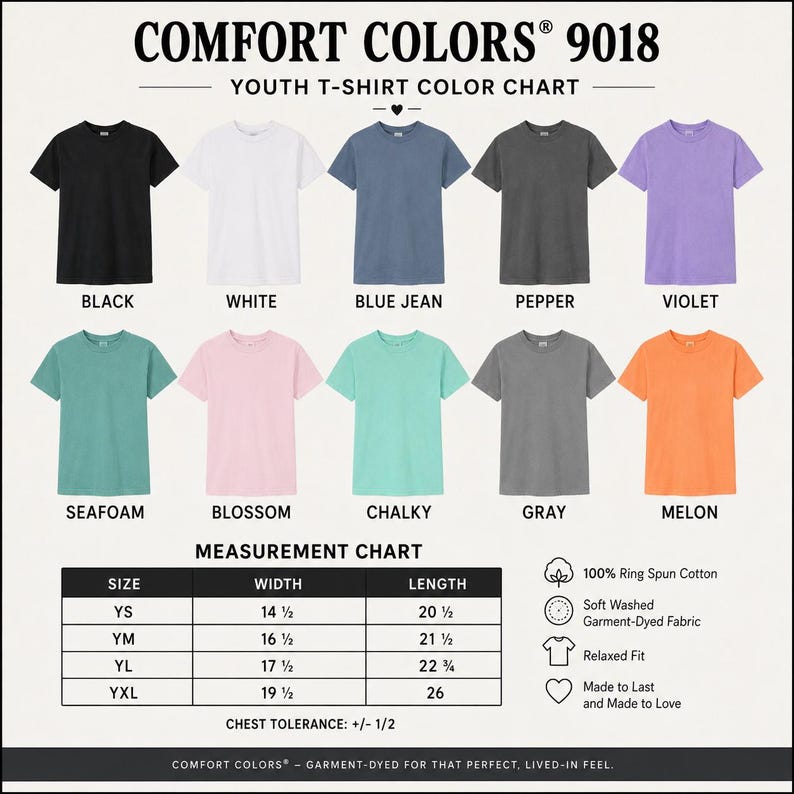 May include: A Comfort Colors 9018 youth t-shirt color chart displaying ten short-sleeve shirts in black, white, blue jean, pepper, violet, seafoam, blossom, chalky, gray, and melon. Includes a measurement chart with width and length in inches.