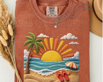 Comfort Colors Summer Beach Shirt Retro Tufted Texture Sunrise Tee Tropical Palm Tree Ocean Shirt, Vintage Washed Graphic Tee(Not Real Yarn)