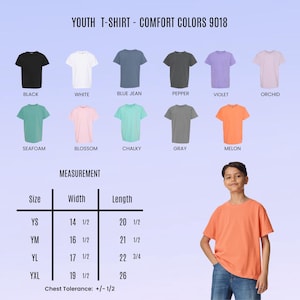 May include: A display of youth t-shirts in various colors, including black, white, blue jean, pepper, violet, orchid, seafoam, blossom, chalky, gray, and melon. The image also includes a size chart with measurements in inches and a young person wearing a melon-colored t-shirt.