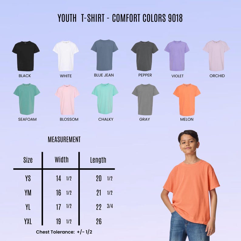 May include: A display of youth t-shirts in various colors, including black, white, blue jean, pepper, violet, orchid, seafoam, blossom, chalky, gray, and melon. The image also includes a size chart with measurements in inches and a young person wearing a melon-colored t-shirt.
